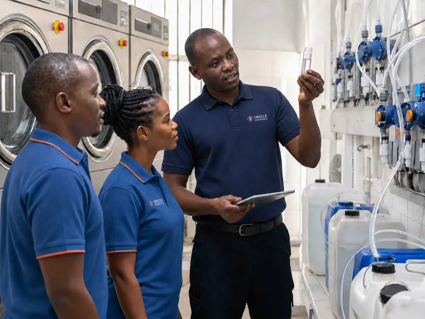 Oracle Chemicals team in branded polo shirts conducting technical training in a commercial laundry